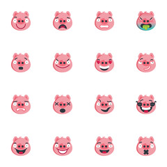 Pink pig face emoticon collection, flat icons set, Colorful symbols pack contains - piggy face emoji, laughing smiley, happy emotion, shocked, confused, tired. Vector illustration. Flat style design