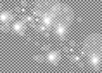 Star explodes on transparent background. Sparkling magic dust particles. Bright Star. The transparent shining sun, bright flash. Vector sparkles. To center a bright flash.