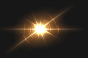 White glowing light explodes on a transparent background. Sparkling magical dust particles. Bright Star. Transparent shining sun, bright flash. Vector sparkles. To center a bright flash.