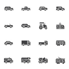 Transportation vector icons set, modern solid symbol collection, filled style pictogram pack. Signs logo illustration. Set includes icons as concrete mixer, bus city transport, car, pickup automobile