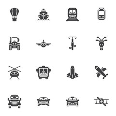 Transport front view vector icons set, modern solid symbol collection, filled style pictogram pack. Signs, logo illustration. Set includes icons as airplane, railway train, bicycle, motorcycle, car
