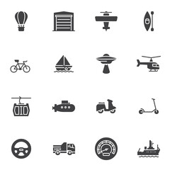 Transport related vector icons set, modern solid symbol collection, filled style pictogram pack. Signs, logo illustration. Set includes icons as hot air balloon, sailing boat, bicycle, scooter, plane