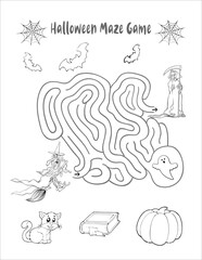 Halloween maze game. Bats and witch. Worksheet for kids. Maze for kids. Halloween activity page