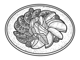 Fruit plate. Sketch scratch board imitation. Black and white.