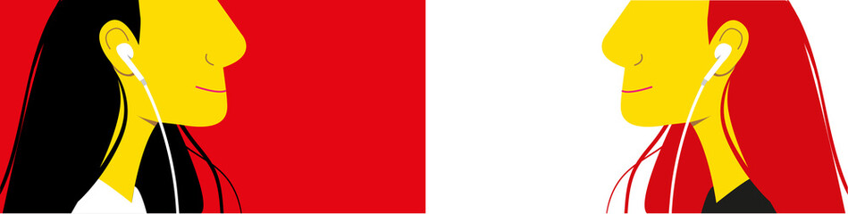 Two women with headphones listening to music, podcast. Podcast cover. Vector modern pop art illustration. Background. Social networks, media, communication, love, distance.