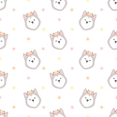Cute siberian husky with flower crown seamless pattern background