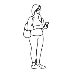 Masked woman searches for news about Covid-19 on the Internet in her phone. Monochrome vector illustration in simple linear style on white background. Young woman in medical mask standing with a phone