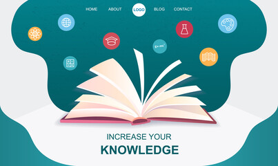 Increase your knowledge concept with open book, text and assorted education icons, colored vector illustration. Web page template