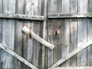 Close-up old wooden rickety gates. Rustic gate made of dry gray planks with rusty handles....