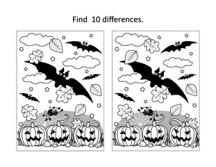 Find 10 differences visual puzzle and coloring page with Halloween bats fly above the pumpkin field
