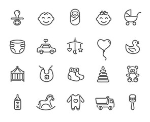 Large set of icons for child concepts with baby accessories, toys and a smiling face of boy and girl, black and white vector design elements