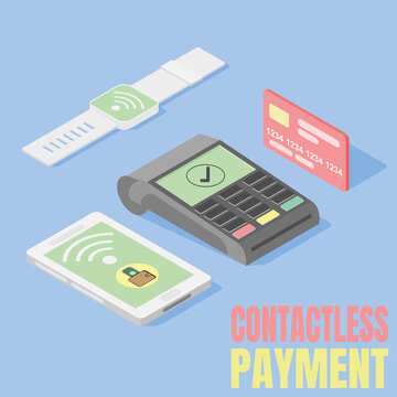 wireless or contactless payment operation cashless transfer and shopping with isometric design.
