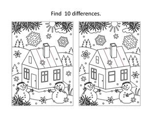 Find 10 differences visual puzzle and coloring page with cabin in winter with two snowmen

