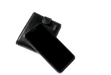 Иlack phone lies on a black wallet isolated on a white background. Smartphone without logo with black screen with space for text. Money in smartphone. concept of money management, technology,business.