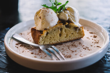 Yummy pastry on dish in cafe