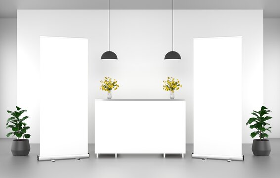 Roll Up Banner Stand Mockup in the reception.  3D rendering.