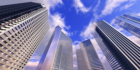 Fototapeta na wymiar Skyscrapers against the sky with clouds, modern high-rise buildings, 3D rendering