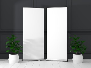 Roll Up Banner Stand Mockup in living room. 3D rendering.