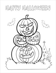 Halloween Coloring page for kids . Black and white vector illustration with happy pumpkin Lettering `Happy Halloween`.