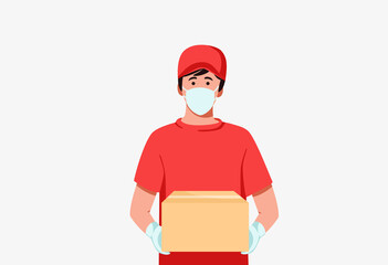Contactless delivery during Covid-19 pandemic  concept, Courier washing medical mask carrying package, vector illustration