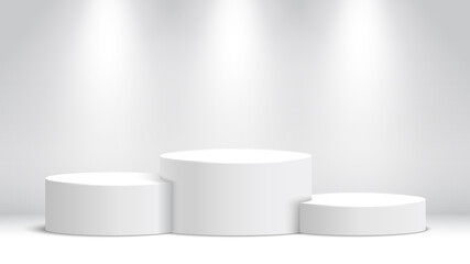 White winners podium and spotlights. Stage for awards ceremony. Pedestal. Vector illustration.