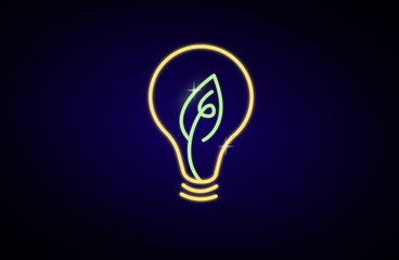 Neon light with light bulb shape with  leave inside on blue dark background, renewable energy  concept,vector illustration