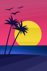 Beach pink sunset and palms illustration.