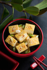 Pan fried blocks of tofu cheese with green onion and sesame served in a red bowl, vertical shot