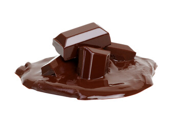 Melting piece of dark chocolate bar on white