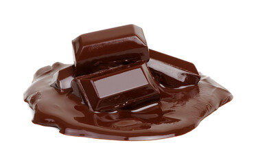 Melting piece of dark chocolate bar on white