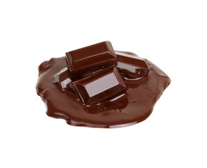 Melting piece of dark chocolate bar on white