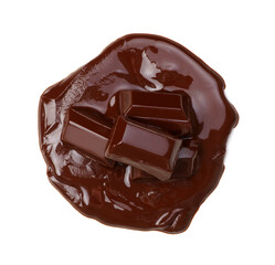 Melting piece of dark chocolate bar on white