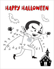Halloween Connect the dots activity page for kids . Black and white vector illustration Lettering `Happy Halloween`.
