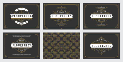 Vintage ornament greeting cards set templates flourish ornate frames and pattern background vector illustration