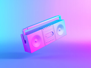 Boombox, music stereo tape recorder with  radio. 3d render in minimal style on blue and pink gradient background.