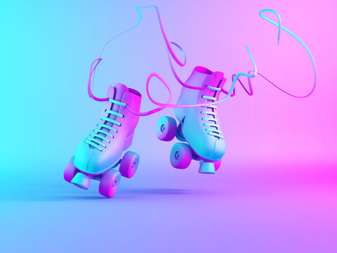 Roller skates in vibrant neonlight on blue and pink gradient background. Minimal art. 3d render.