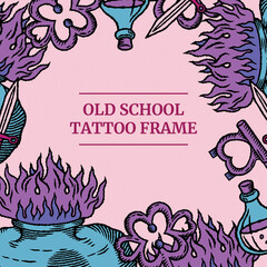Old school tattoo social media banner with heart, flowers, bottle icon, knife, key with header in classic retro style. Pink, violet, purple and blue colors.