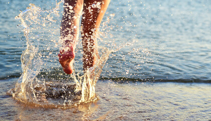 a young girl splashes water in the sea with her bare feet