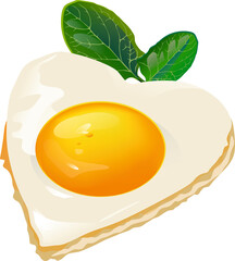 heart shaped scrambled eggs with herbs on white background