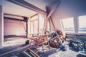 Loft room during renovation,  apartment refurbishment
