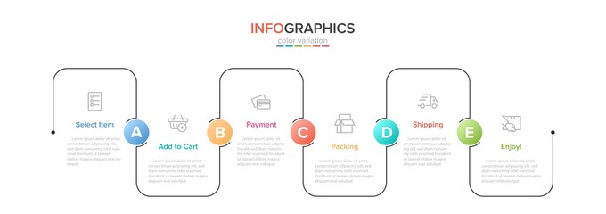 Concept of shopping process with 6 successive steps. Six colorful graphic elements. Timeline design for brochure, presentation, web site. Infographic design layout.