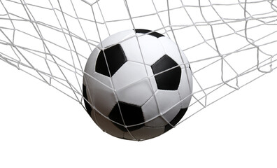 Soccer ball in goal on white