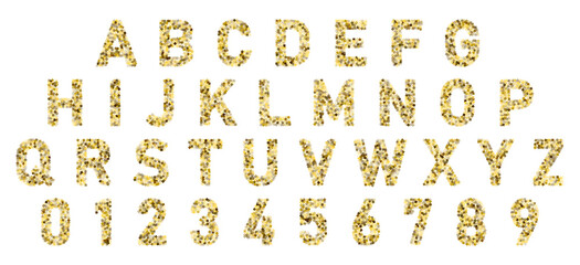 Font alphabet of colored confetti. Festive carnival letters, birthday holiday ABC and figures.