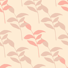 Tender vintage seamless pattern with leaf branches. Pink soft palette. Doodle hand drawn nature artwork.