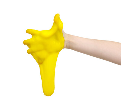 Child hand with sticky slime on white