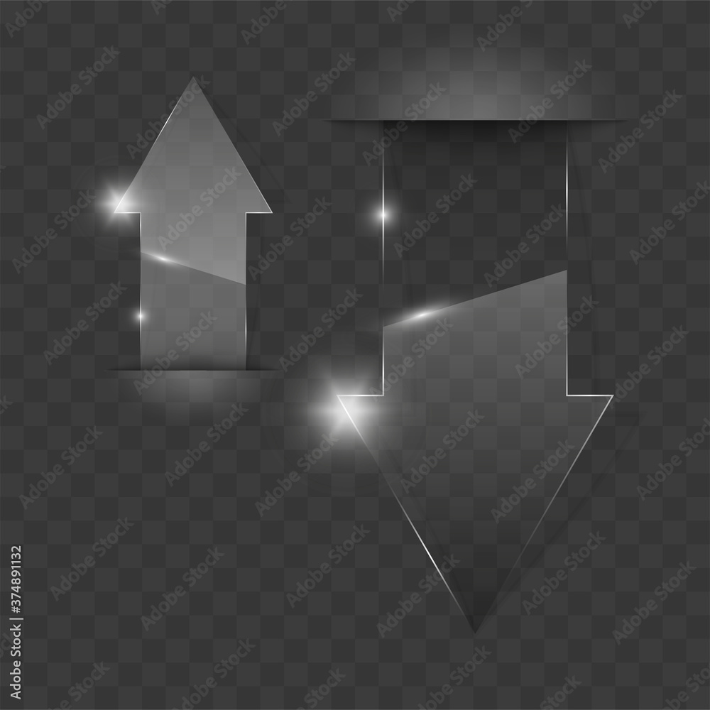 Poster Transparent arrow banners set. Direct glassy shape. Abstract arrows Background. Business infographic presentation diagram. Section compare service. down arrow trend. Paper index. Exact pointer