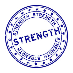Grunge blue strength word round rubber seal stamp on white background