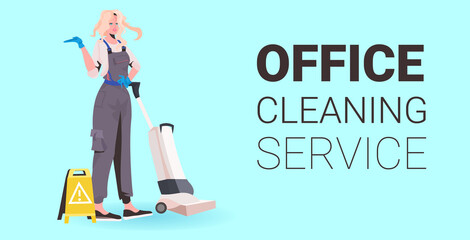 female professional office cleaner woman janitor in uniform with cleaning equipment full length copy space horizontal vector illustration