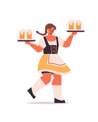 girl waitress holding beer mugs Oktoberfest party concept happy woman in german traditional clothes having fun full length isolated vertical vector illustration