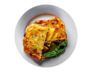 Traditional greek moussaka in white plate isolated on white background